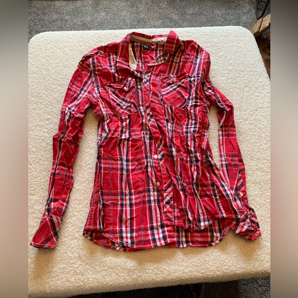 Red Plaid BKE Long Sleeve Button Up. Size Medium.